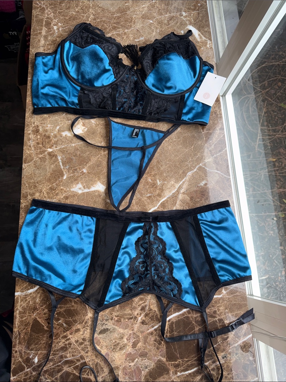 Satin & Lace Blue Three-Piece Lingerie Set with Garter